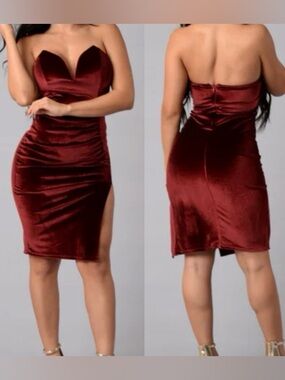 Fashion Nova Strapless red Velvet Bodycon Dress, S